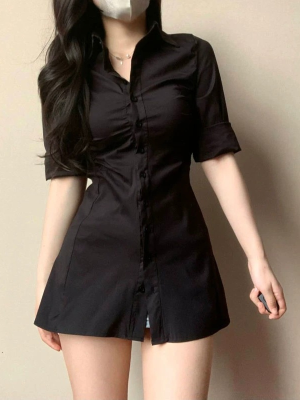 Sexy Pleated Waist-Cinching Sh - Korean Style A Line Shirt Dress 评论和价格