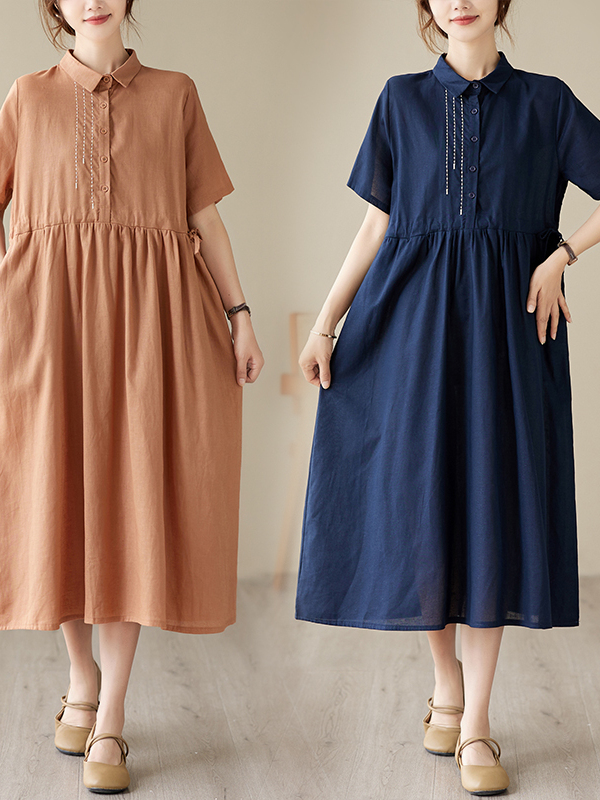 Casual Cotton Linen Embroidere - Casual Loose Linen Shirt Dress 评论和价格