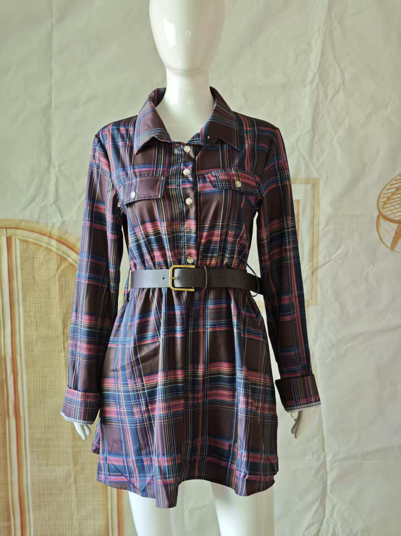 Women Shirt Cloth Pockets Belt - Casual Loose Linen Shirt Dress 评论和价格